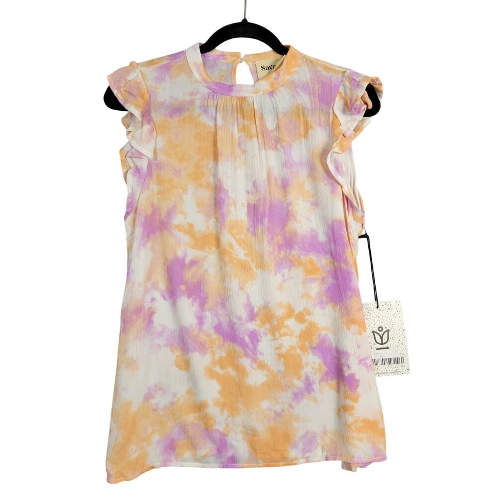 NWT SAVANNA JANE Purple Orange Tie Dye Watercolor Ruffle Sleeve Top SIZE SMALL
